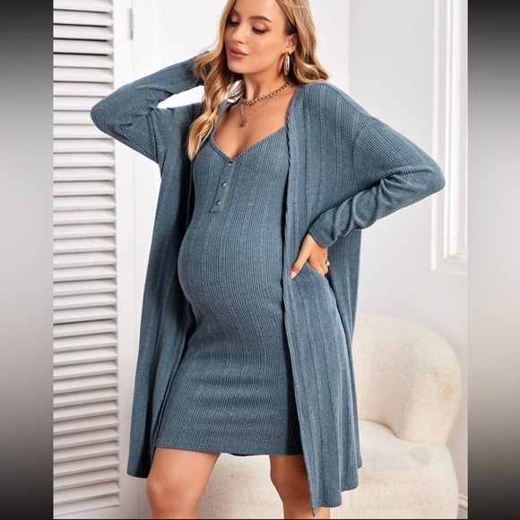 EUC 2 piece: sweater dress & cardigan maternity set, size medium, blue - Picture 1 of 7
